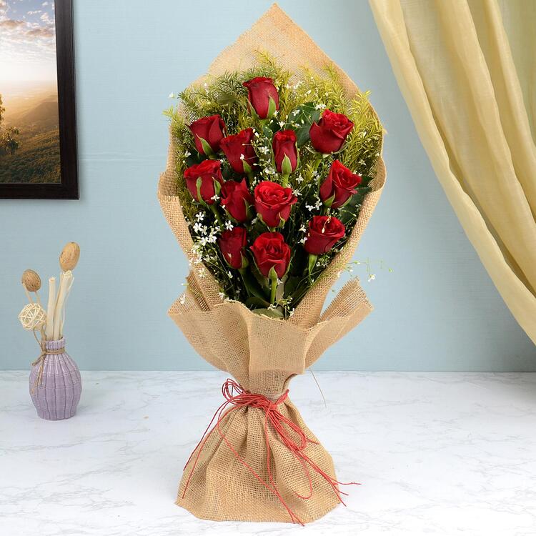 Jute Bouquet Of Red Roses