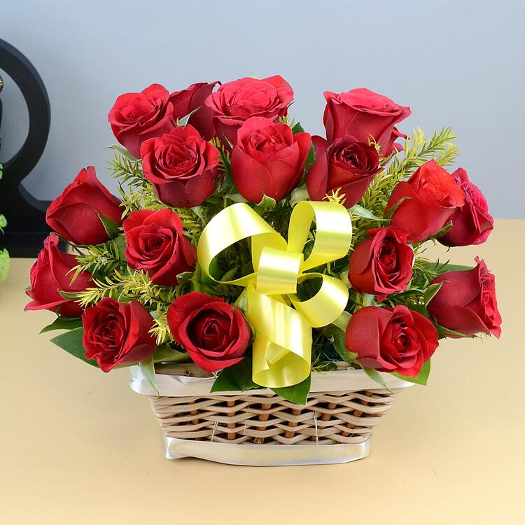 Lovely 18 Red Roses In A Basket