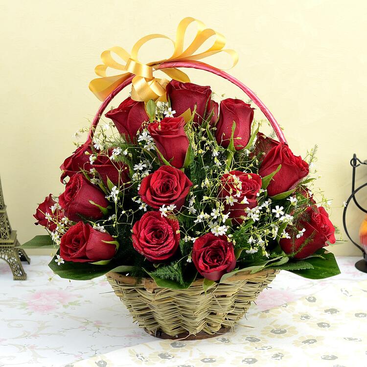 Red Roses In Round Basket