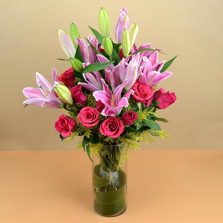 Pink Rose & Lilies In A Vase