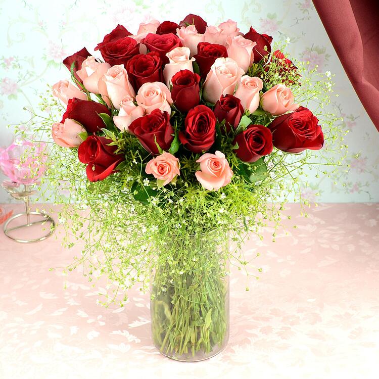 36 Pink & Red Roses In A Vase