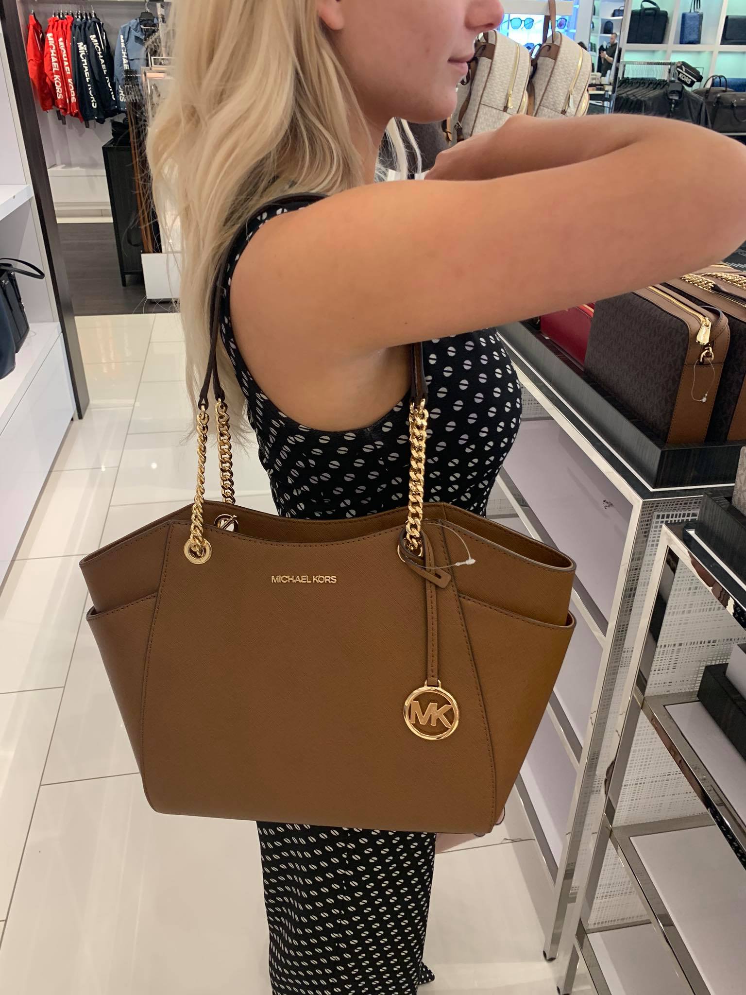 Large Chain Shoulder Tote Brown Michael Kors 