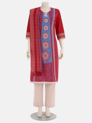 Red Printed And Embroidered Handloom Viscose-cotton Kameez Set