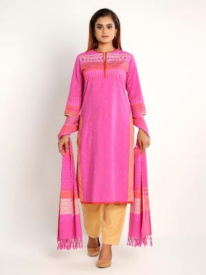 Pink Printed And Embroidered Viscose-cotton Kameez Set
