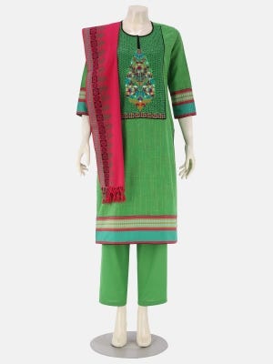 Green Printed And Embroidered Handloom Cotton Shalwar Kameez Set