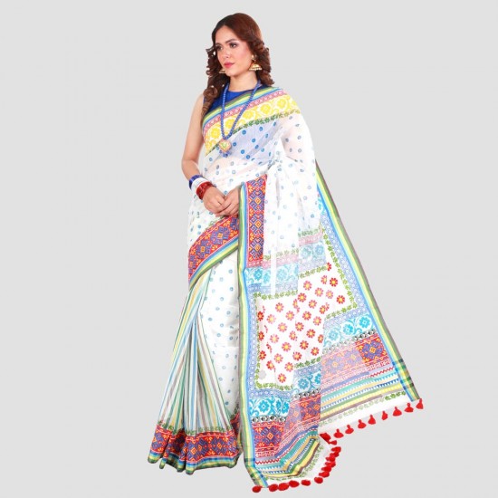 Multi Colour Printed Off White Cotton Silk Shari