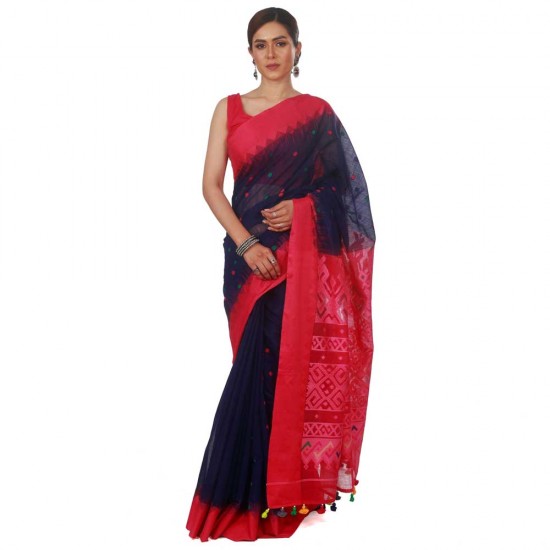 Navy Blue & Magenta Colour Tangail Cotton Shari