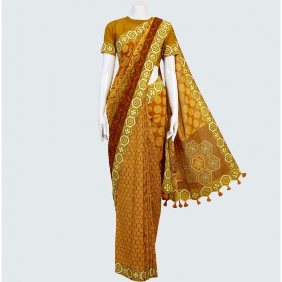 Yellow Colour Embroidered & Printet Cotton Shari