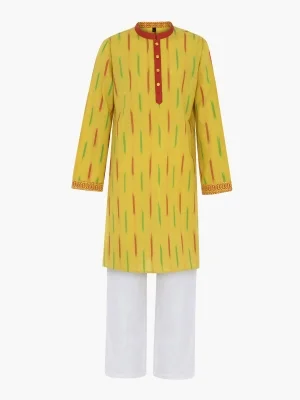 Mustard Printed Handloom Cotton Panjabi Pajama Set