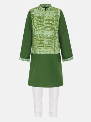 Green Viscose-cotton Panjabi Pajama Set With Coaty