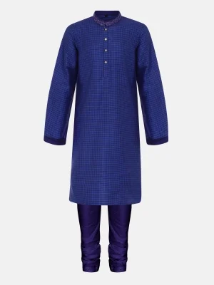 Blue Check Embroidered Silk Panjabi Pajama Set