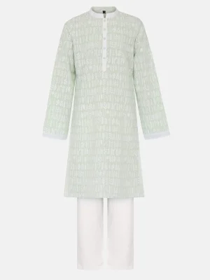 Light Green Printed Viscose-cotton Panjabi Pajama Set