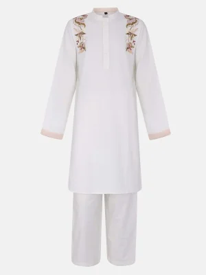 White Embroidered Cotton Panjabi Pajama Set