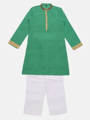 Parrot Green Printed And Embroidered Silk-cotton Panjabi Pajama Set