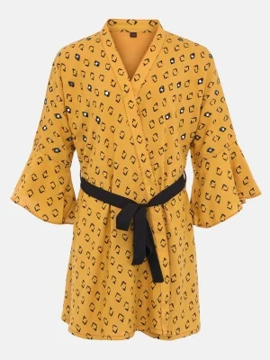 Mustard Embroidered And Printed Linen Top