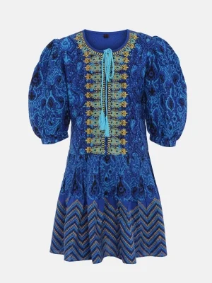 Blue Printed And Embroidered Linen Top