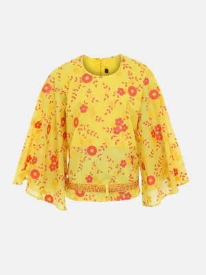 Yellow Printed And Embroidered Cotton Top