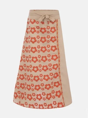 Beige Printed And Embroidered Cotton Skirt