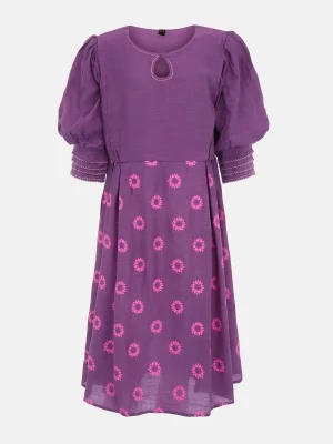 Purple Embroidered And Printed Mixed Cotton Frock
