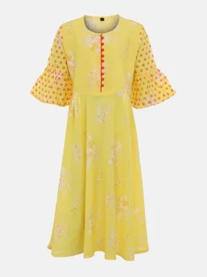 Yellow Printed Mixed Cotton Frock