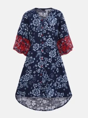 Midnight Blue Embroidered Mixed Cotton Frock