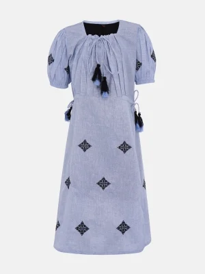 Blue Embroidered Mixed Cotton Frock