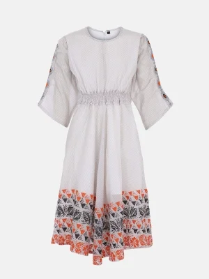 Beige Printed And Embroidered Mixed Cotton Frock