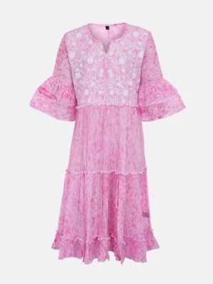 Pink Tie-dyed And Embroidered Voile Frock