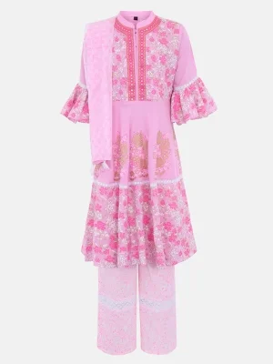 Pink Printed And Embroidered Linen Shalwar Kameez Set