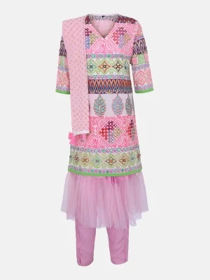 Pink Printed And Embroidered Linen-georgette Shalwar Kameez Set