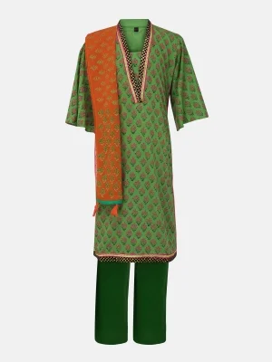 Leaf Green Printed Linen Shalwar Kameez Set