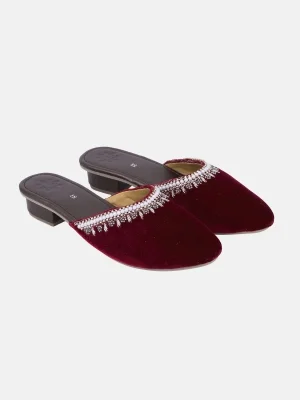 Burgundy Embroidered Velvet Sandals