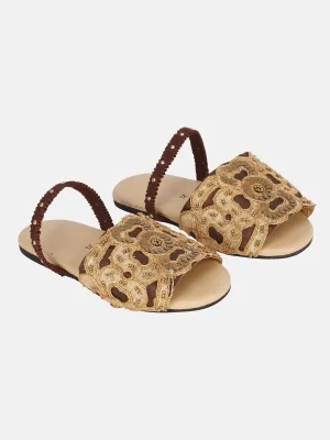 Brown Embroidered Faux Leather Sandal