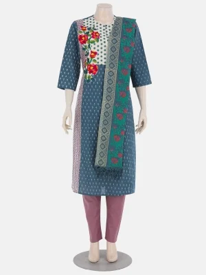 Teal Printed And Embroidered Cotton Shalwar Kameez (ar)