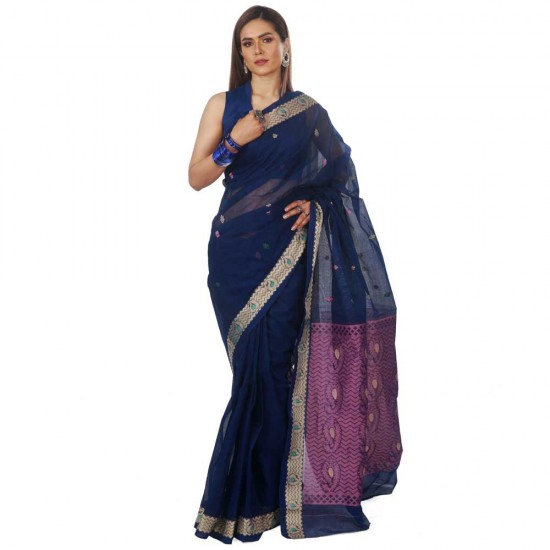 Navy Blue Colour Tangail Cotton Shari