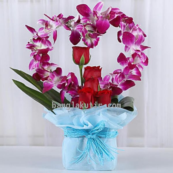 Heart Orchid & Rose Basket 