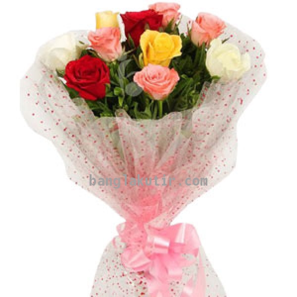 10 Pieces Multicolor Roses In Bouquet